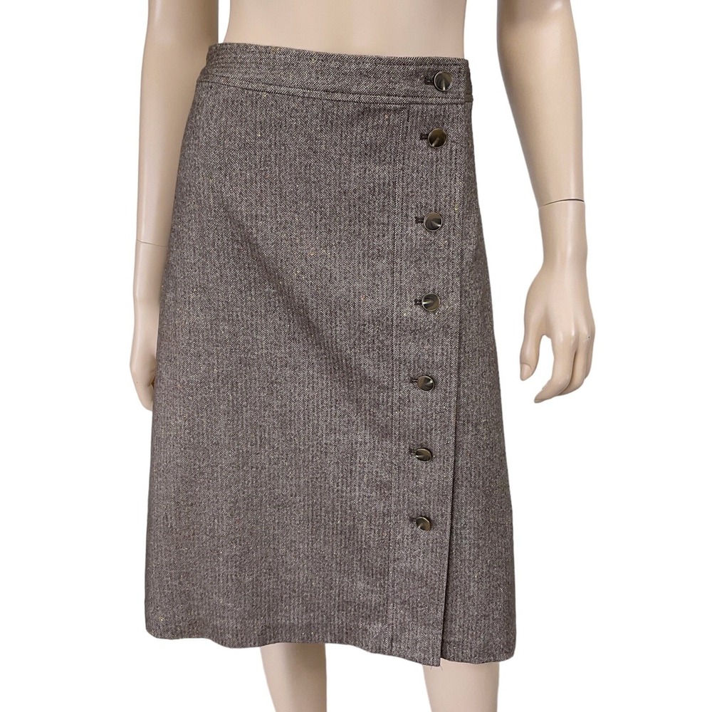 Talbots Skirt Womens Size 6 Brown‎ A-Line Herringbone Knee Button Front NWOT